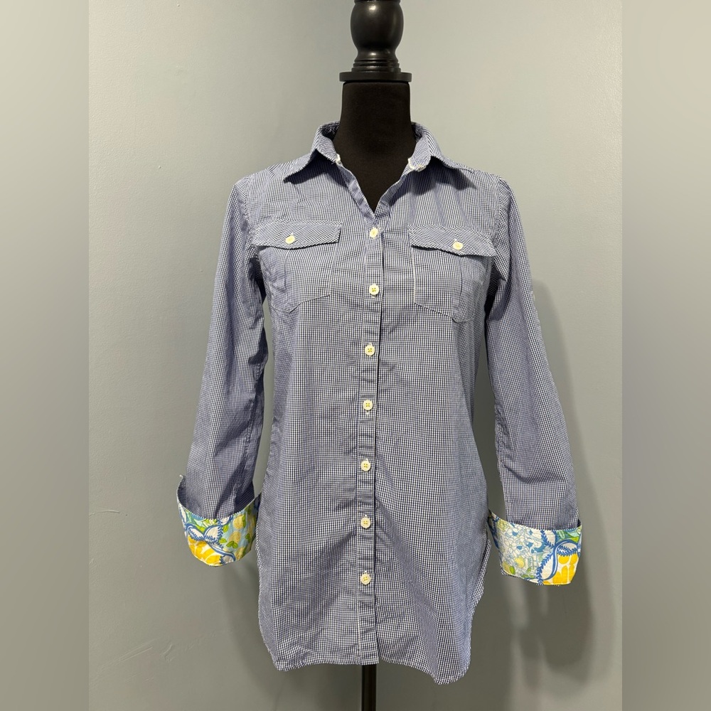 Lilly Pulitzer Button Down Gingham Lemon Detail Long Sleeve Shirt Women’s XS